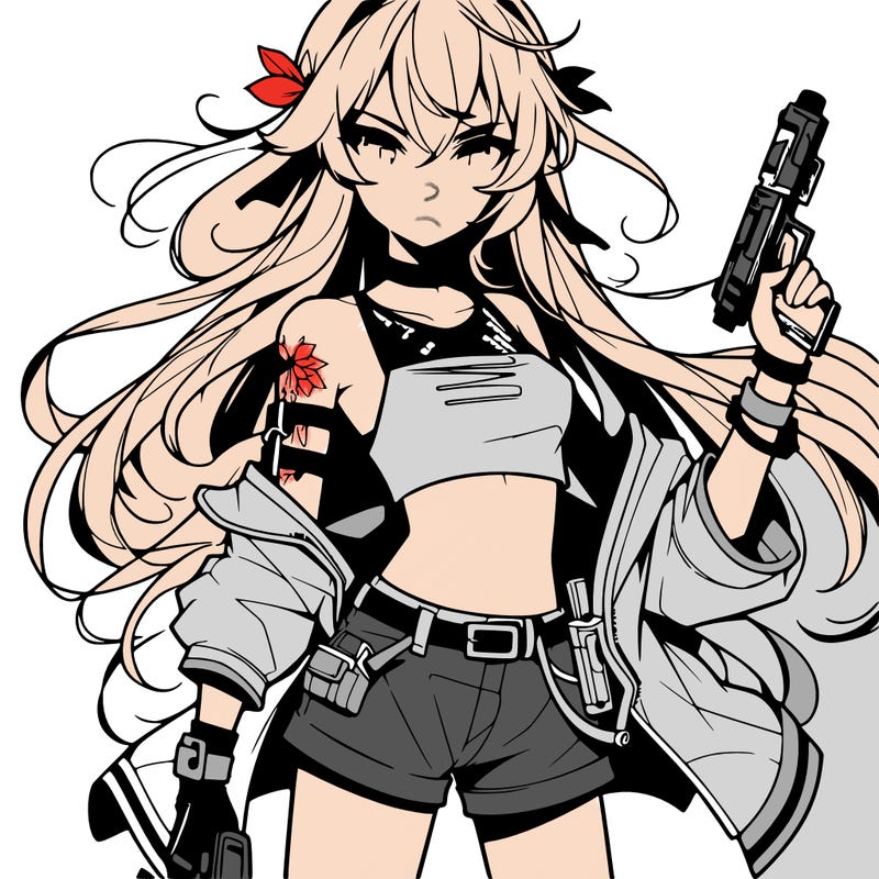 bad girl wearing crop top holding a gun long hair anime