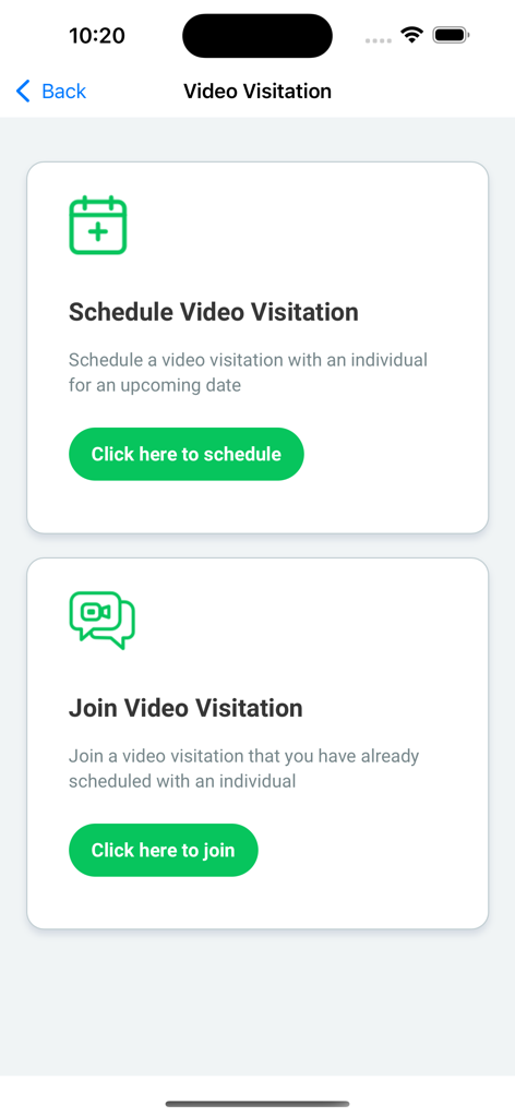CorrectPay - CorrectPay app interface showing options to schedule or join a video visitation