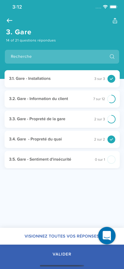 Smice app interface showing task progress for a station mystery shopping mission with completed and pending categories