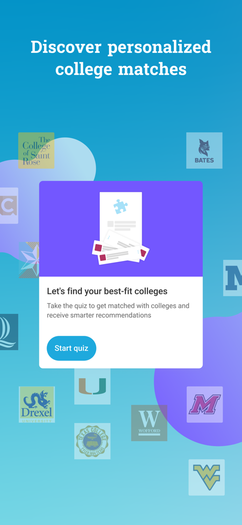 Scoir app screen for discovering personalized college matches with a button to start a best-fit quiz.