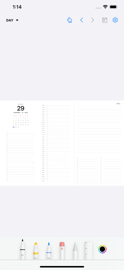 Digitale Tagesplaner-Oberfläche mit handschriftlicher Zeitplantafel und Zeichenwerkzeugen