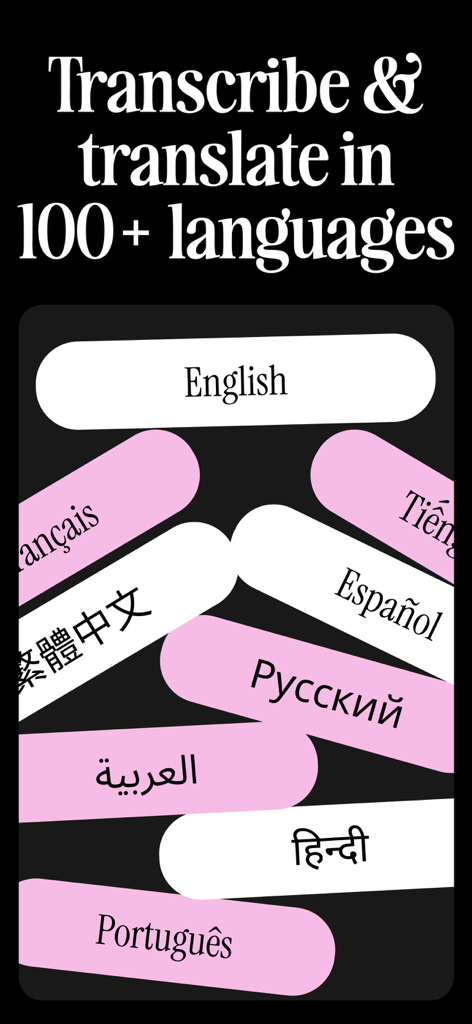 Voicenotes AI Notes & Meetings - Función de la aplicación Voicenotes AI que muestra transcripción y traducción en más de 100 idiomas