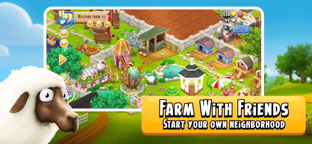 A colorful Hay Day screenshot showing a decorated farm with a sheep in the foreground and text about starting a neighborhood