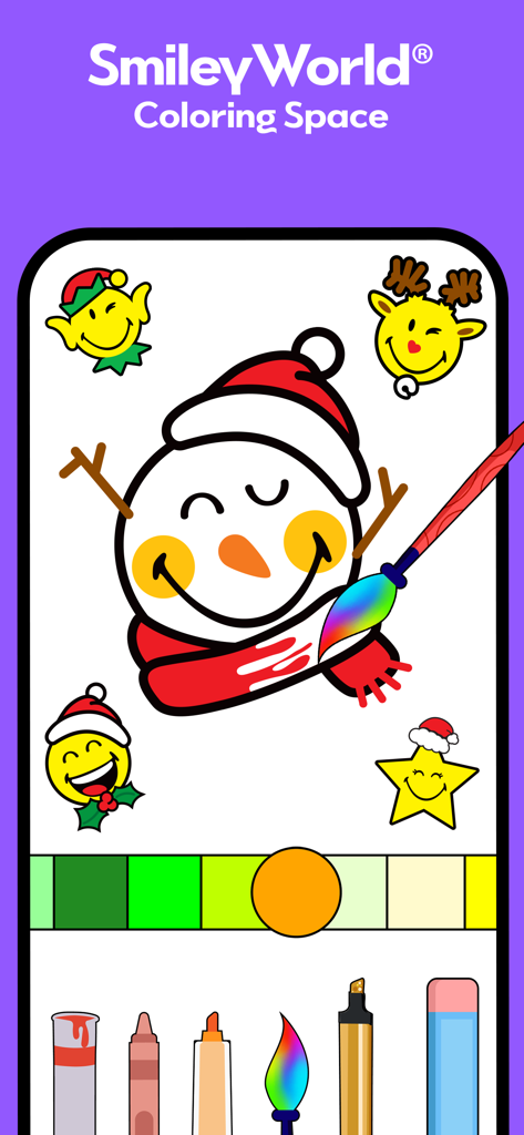 SKIDOS Learning Games for Kids - Actividad de colorear digital para niños con un muñeco de nieve y personajes de SmileyWorld.