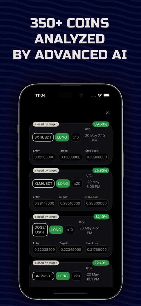 Crypto Signals app interface showing successful AI trading signals for multiple cryptocurrencies with percentage gains