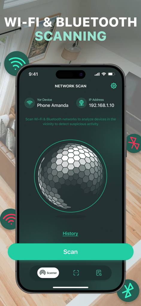 Hidden Camera Spy Bug Detector - Interface do aplicativo Hidden Camera Spy Bug Detector mostrando a tela de escaneamento de rede Wi-Fi e Bluetooth.