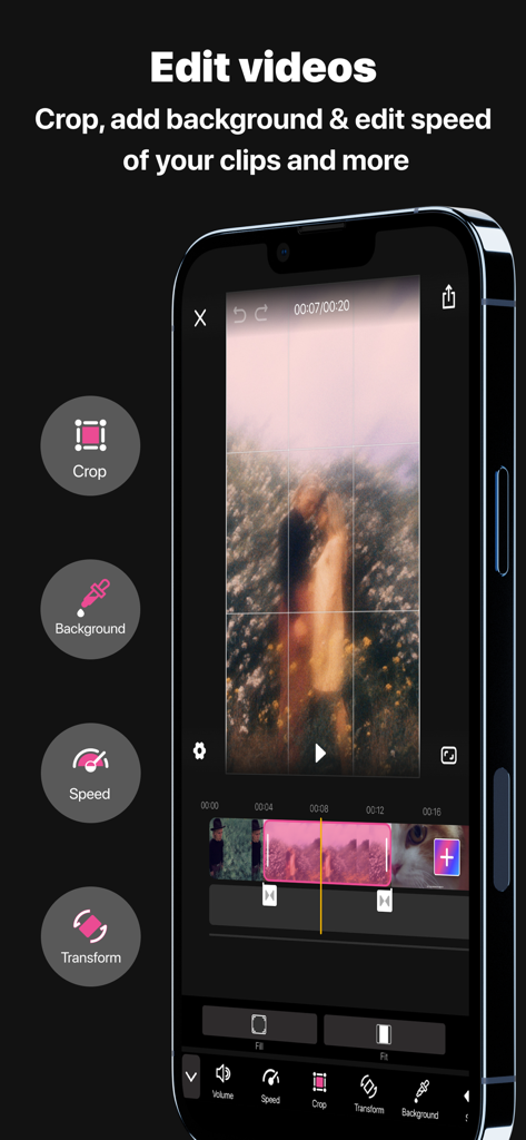 Music cutter & Music mixer - iPhone screen showing video editing tools for cropping changing speed and adding backgrounds