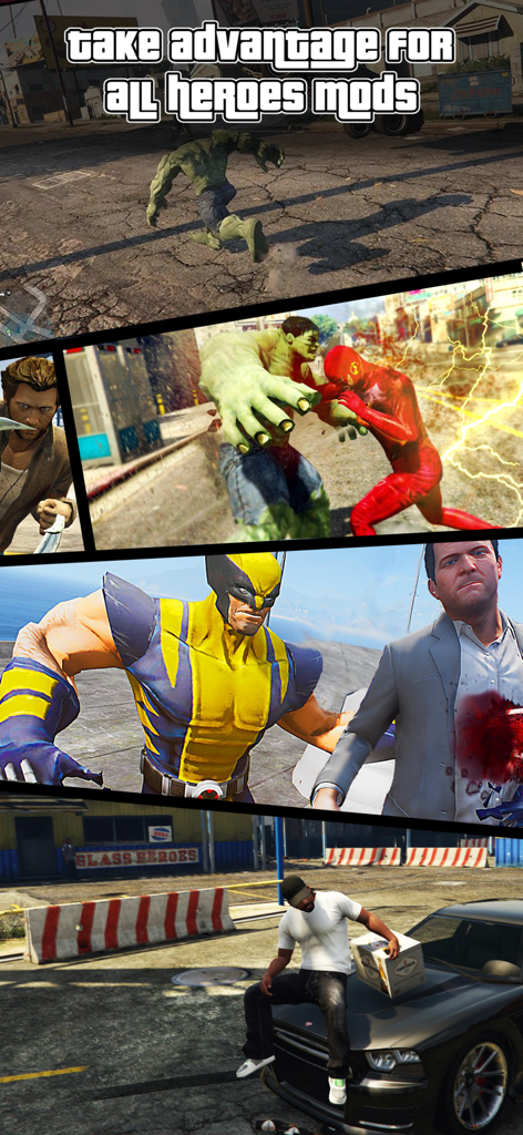 Maps & Mods for Gta 5 - A showcase of GTA 5 mods featuring superhero characters like Hulk, Wolverine, and The Flash in game environments.