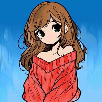 shy pretty girl wearing a sweater that is falling off one shoulder portrait