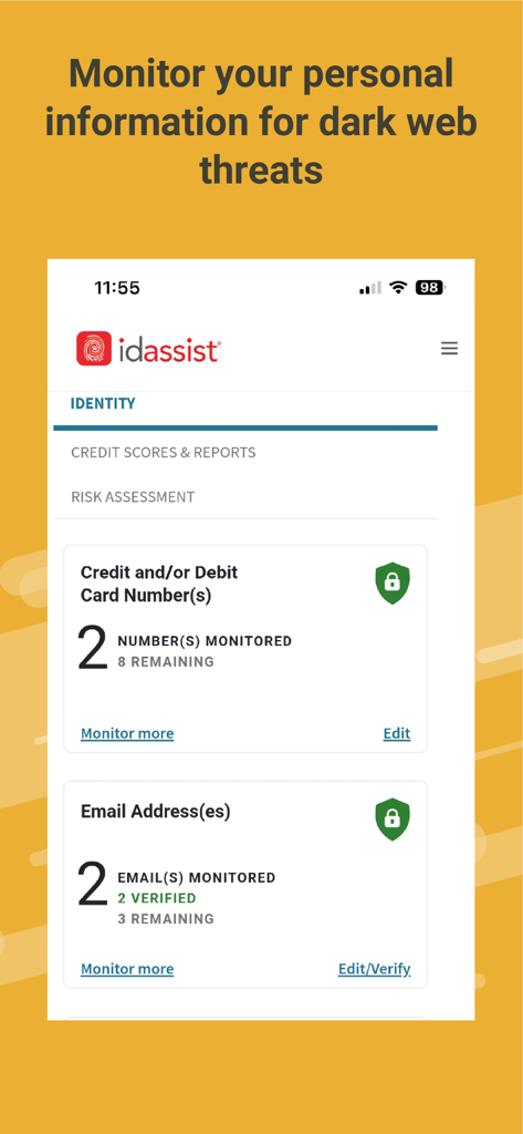 ID Assist Mobile app interface showing credit card and email address monitoring for dark web threats