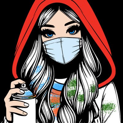 girl wearing a mask with long hair with her hood up spray-painting realistic