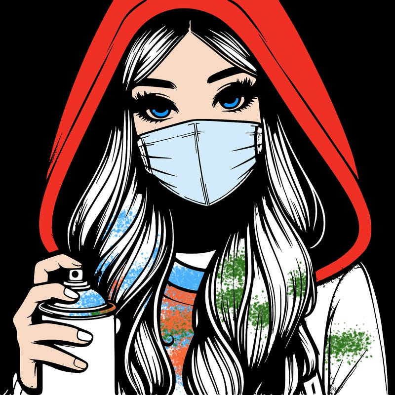 girl wearing a mask with long hair with her hood up spray-painting realistic