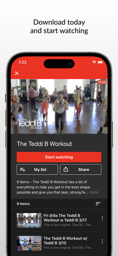 Interface of The Teddi B Workout app displaying a video player with a group fitness class and a list of on-demand workout sessions
