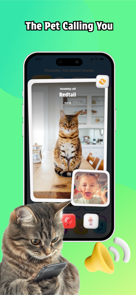 AI Pawsome: CatDog Translator - Interface de tela de celular mostrando uma chamada de vídeo simulada de um gato chamado Redtail para uma menina, demonstrando o recurso de chamada de animal de estimação do aplicativo AI Pawsome.