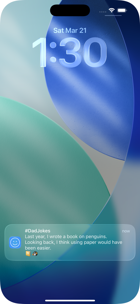 #DadJokes - iPhoneのロック画面に、ペンギンについての本を書くことについての毎日のDad Jokes通知が表示されています。
