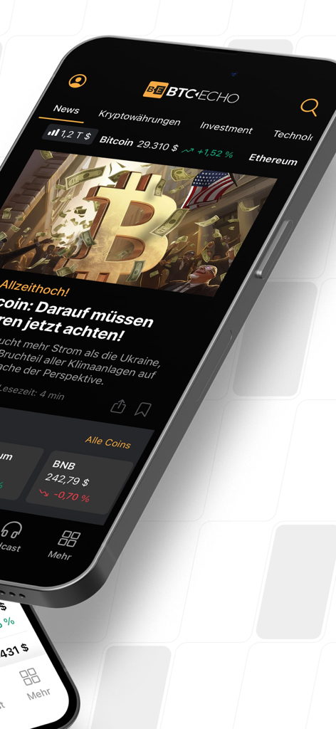 BTC-ECHO Bitcoin & Krypto News - Smartphone screen showing the BTC-ECHO app with Bitcoin news and live cryptocurrency market prices