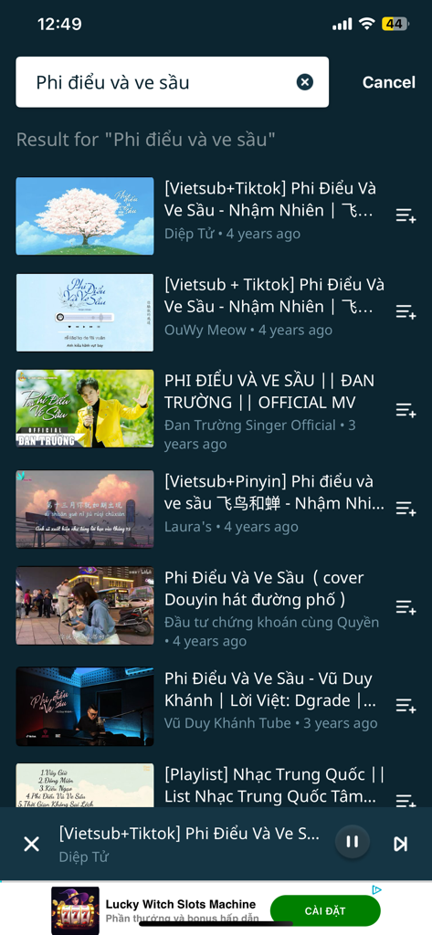 YouListen - Play Everything - YouListen app search interface displaying a list of music videos.