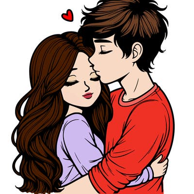 a realistic couple boy and girl hugging and kissing