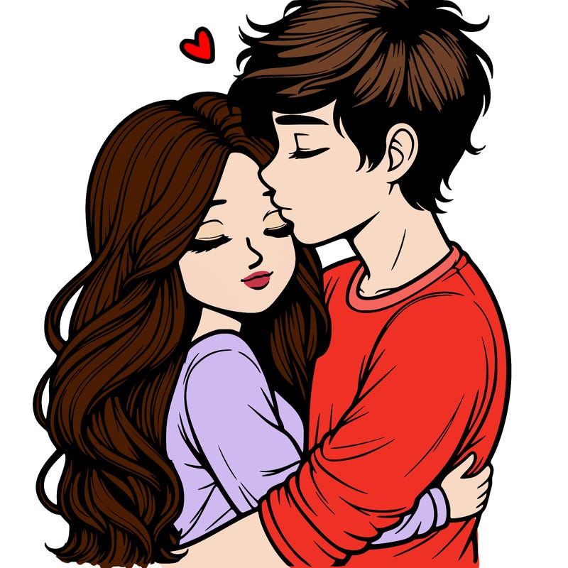 a realistic couple boy and girl hugging and kissing