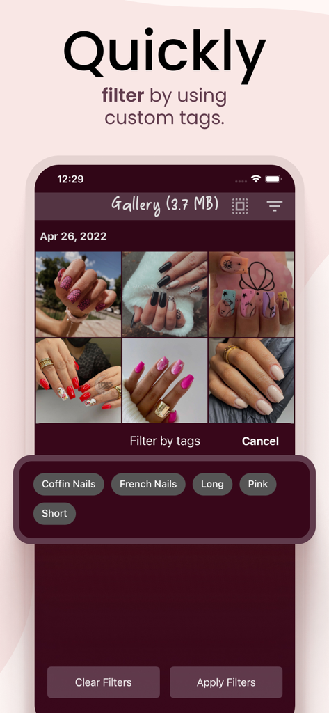 Styles4Nailz – Nail Designs - Mobile app screen showing a nail design gallery with custom filter tags for styles like coffin and french nails