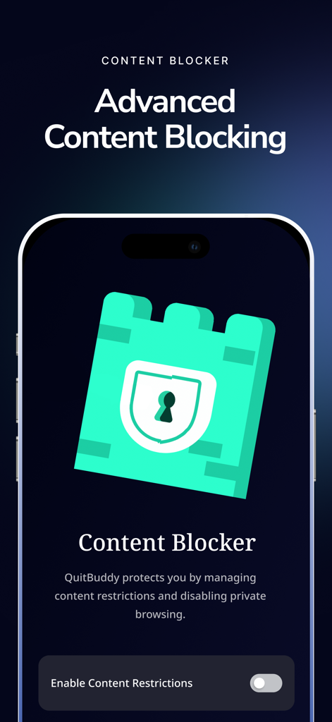 QuitBuddy: No Nut - Quit Porn - Tela do aplicativo QuitBuddy mostrando configurações avançadas de bloqueio e restrição de conteúdo com um interruptor