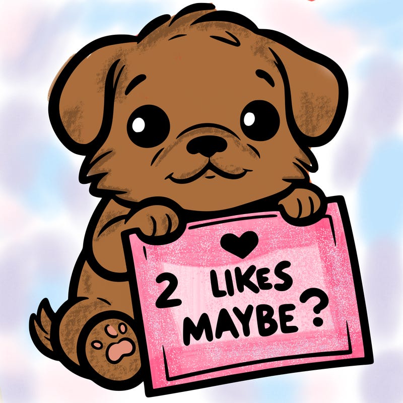 a puppy holding a sign that says 2 likes maybe?