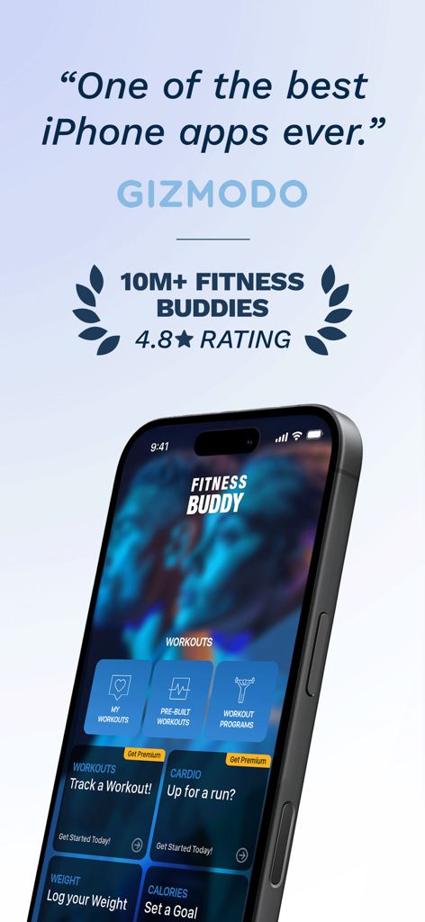 Fitness Buddy App-Bildschirm mit hohen Bewertungen und einem Zitat aus einem Gizmodo-Bericht