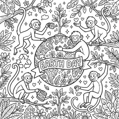 Dive into nature with this delightful coloring page featuring lively spider monkeys celebrating Earth Day. It's a perfect activity to engage young minds in environmental awareness and artistic expression.