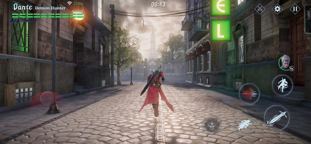 Devil May Cry: Peak of Combat - Dante rennt durch eine gotische Stadtstraße in Devil May Cry Peak of Combat