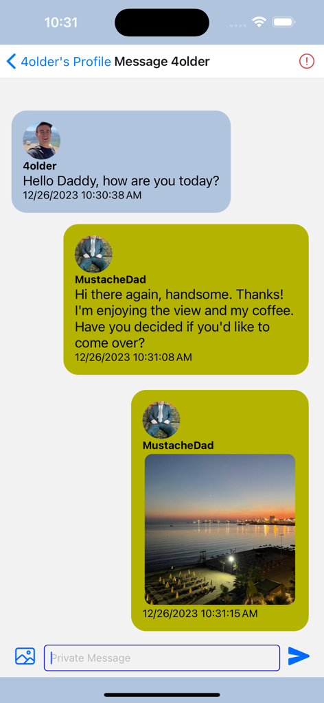 Gay Older Men Chat - Private messaging screen in the Gay Older Men Chat app showing a conversation between two men including a shared sunset photo
