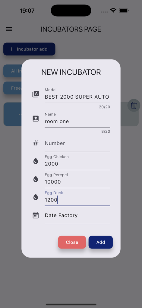 Hatch Tracker Pro - Popup window in Hatch Tracker Pro to add a new incubator with specific egg capacities for chicken, quail, and duck.