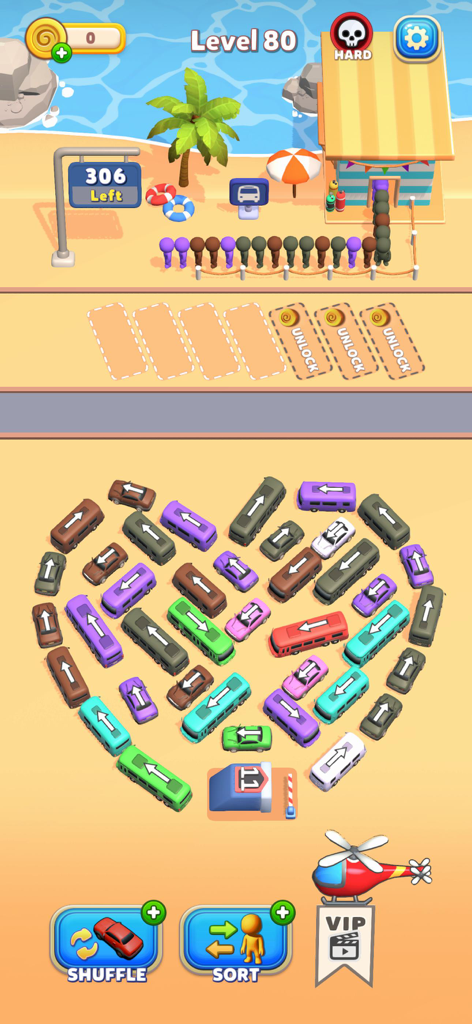 Bus Mania - Car Parking Jam - Una disposición en forma de corazón de coches coloridos en un nivel de puzzle de atasco de aparcamiento con temática de playa.