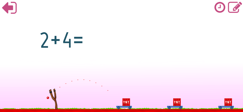 Math Shot Add and Subtract 20 - Math Shot App Additionsbildschirm mit einer Schleuder und einer Matheaufgabe