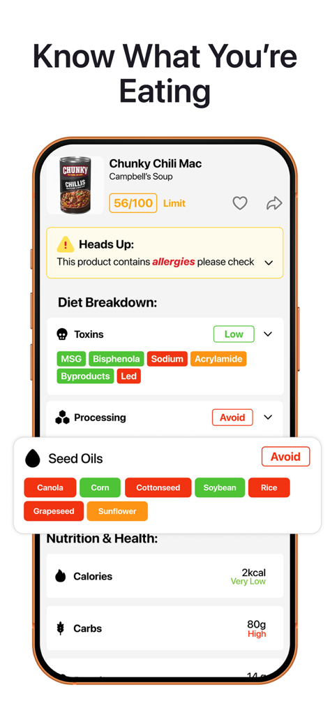 A mobile screen showing the Leafy app analyzing food ingredients for toxins seed oils and nutritional value
