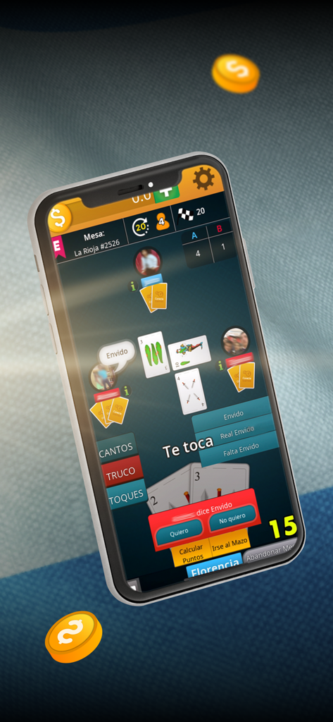 Truco Argentino - Tela de smartphone mostrando uma partida multijogador ao vivo do jogo de cartas Truco Argentino com cartas do baralho espanhol tradicional