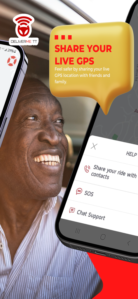 DeliverMe TT app interface showing live GPS sharing and SOS safety features