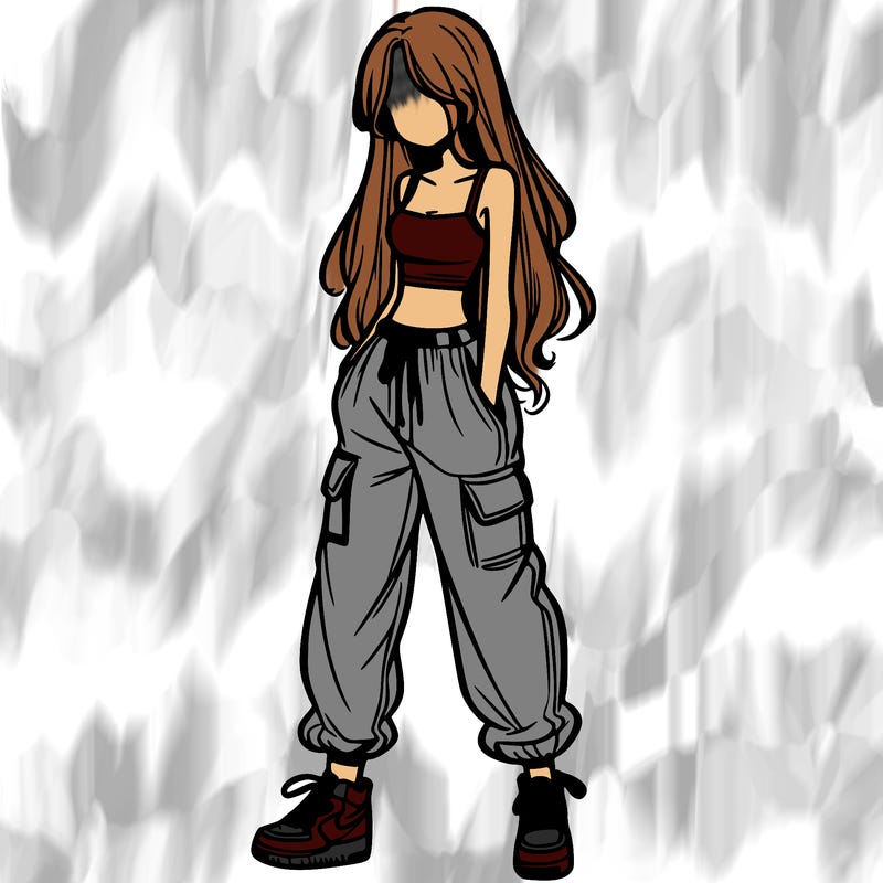 girl in baggy pants crop top and long hair