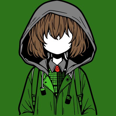 little anime girl in a raincoat her hair is covering her eyes she has a lighter