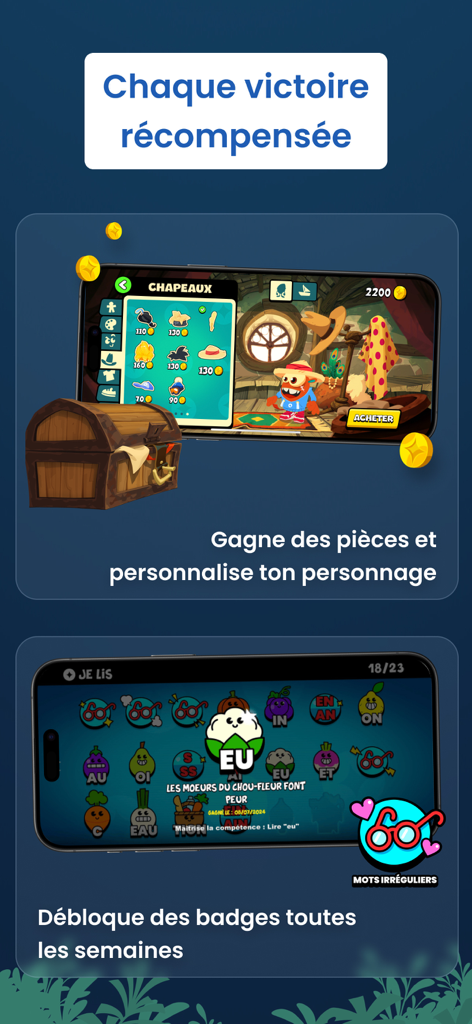 Poppins Learning - Écran de l'application Poppins Learning montrant la personnalisation des personnages et des badges éducatifs à collectionner pour les enfants