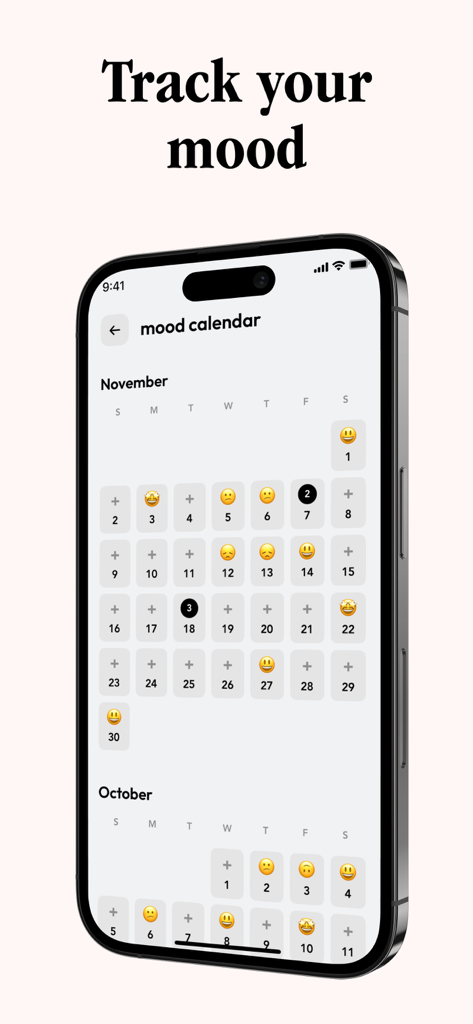 Glimpse - Voice Journal - Interface of Glimpse app showing a monthly mood tracker calendar with various emojis representing daily reflections