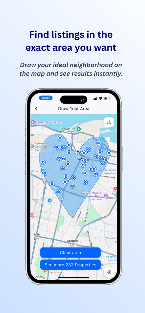DoorEast - Lebanon Real Estate - Tela de smartphone do aplicativo DoorEast mostrando uma área de busca em forma de coração em um mapa de Beirute, Líbano
