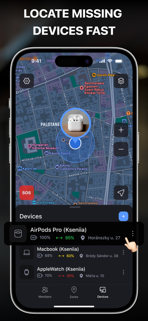 Interfaz de la aplicación Rastreador de Teléfono mostrando la ubicación GPS de AirPods perdidos en un mapa y una lista de dispositivos sincronizados