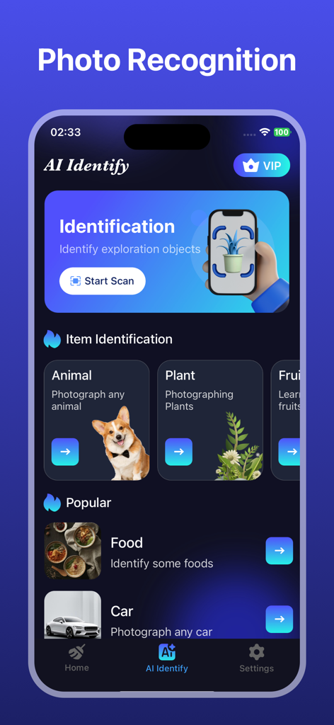 AI Cleaner Master - Interfaz de la aplicación AI Cleaner Master que muestra categorías de reconocimiento de fotos para animales, plantas, comida y coches