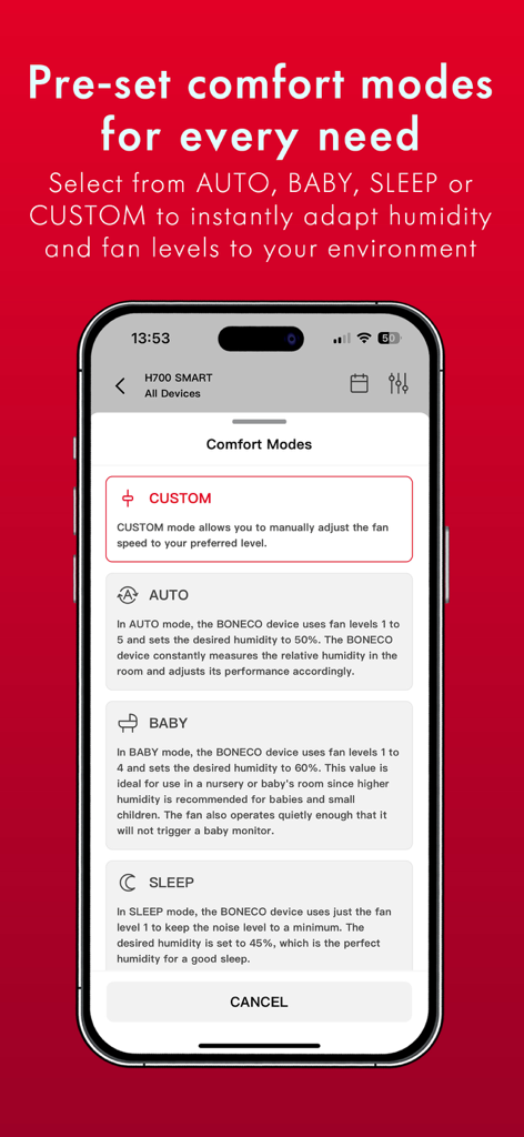 BONECO SMART - BONECO SMART app interface showing pre-set comfort modes including AUTO, BABY, SLEEP and CUSTOM for air quality control