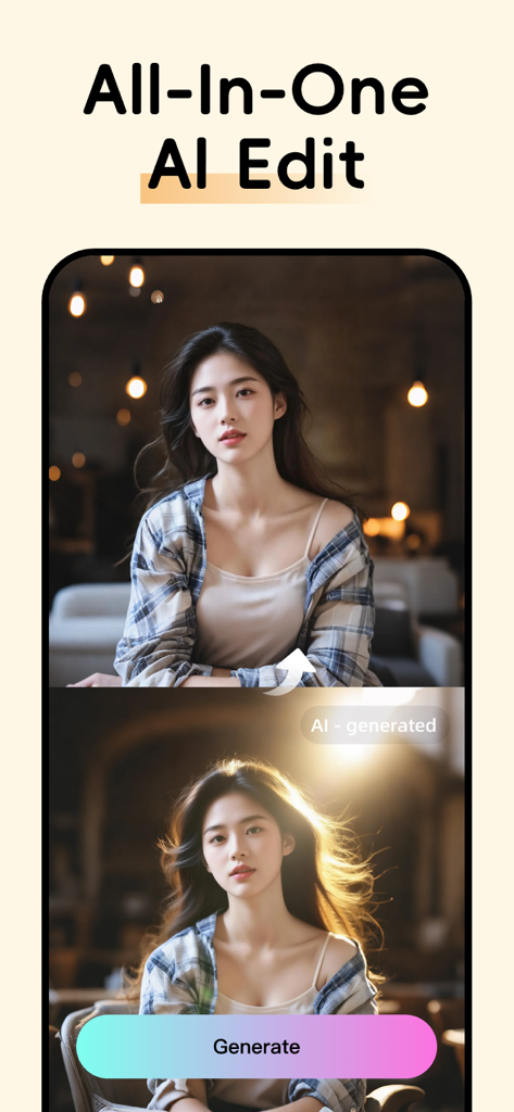 闪秀 - 高颜值写真照片、 一键换装秒出大片 - A mobile app interface displaying an AI-generated portrait of a woman with a generate button and before-after style comparison.