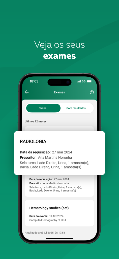 A smartphone screen displaying the medical exams section of the SNS 24 app showing radiology and hematology records