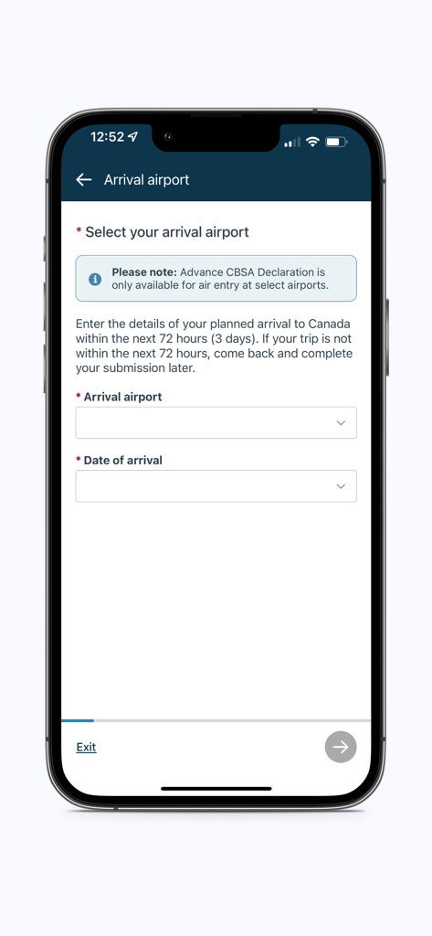 ArriveCAN app interface showing the arrival airport and date selection screen for Canada customs declaration.