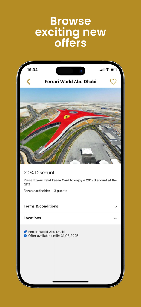 Fazaa - Fazaa app screen showing a 20 percent discount for Ferrari World Abu Dhabi