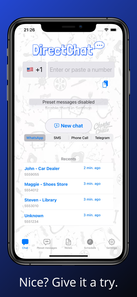 Interfaccia principale di DirectChat Messenger che mostra le opzioni per inviare messaggi WhatsApp, SMS e Telegram senza salvare i contatti.