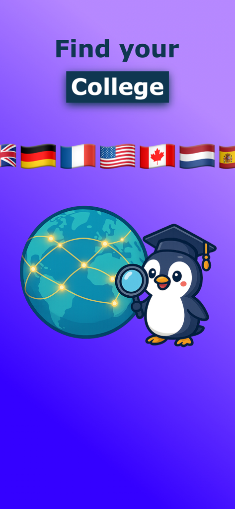 Penguni mascot wearing a graduation cap with a magnifying glass next to a globe and international flags
